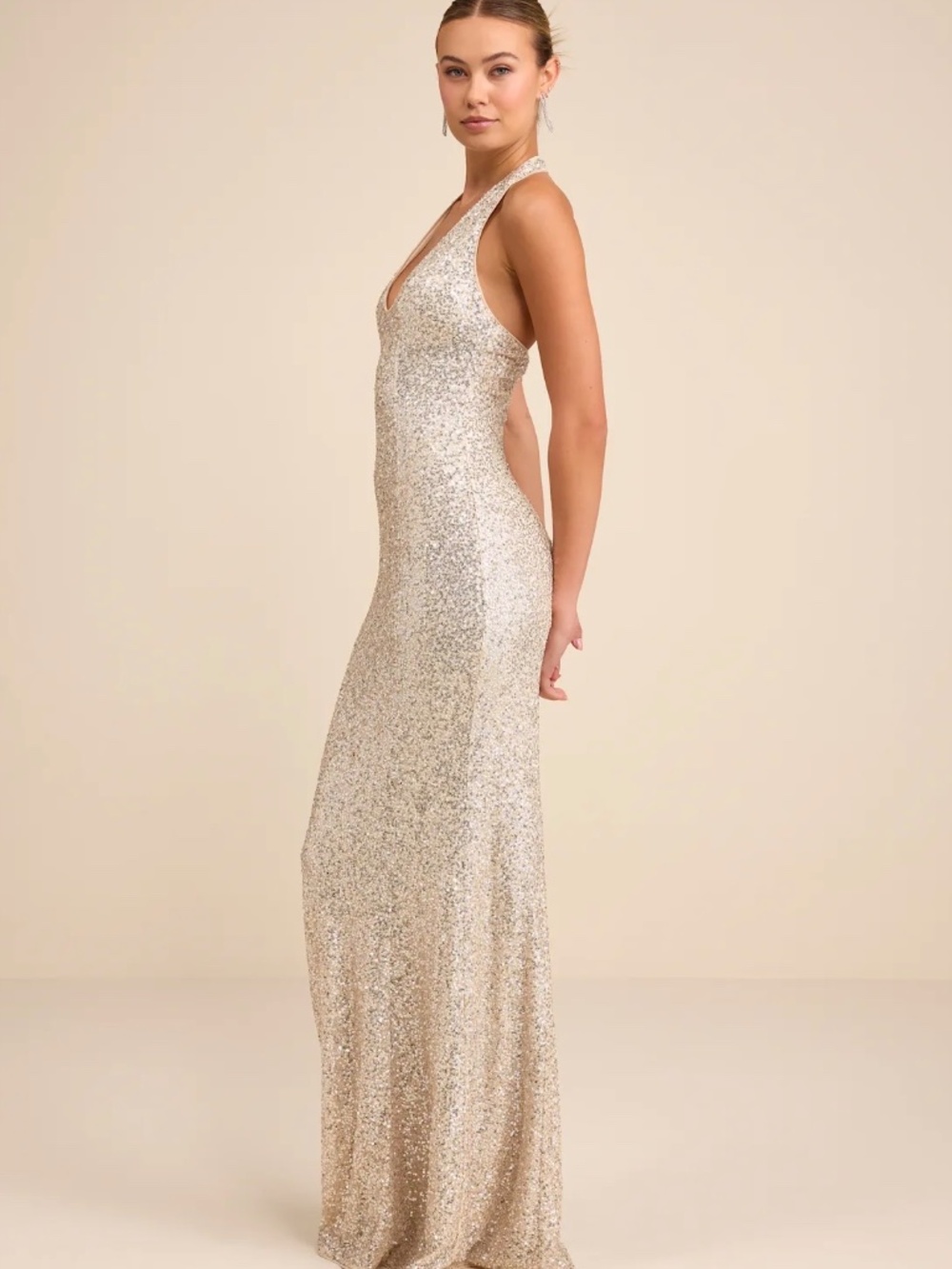 LULUS Velenia Champagne Sequin Halter Mermaid Maxi Dress S - Picture 3 of 14